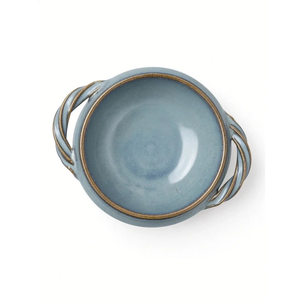 Hollman Studio Pottery Blue Glaze Bowl Twisted Handles Signed Stoneware 8in